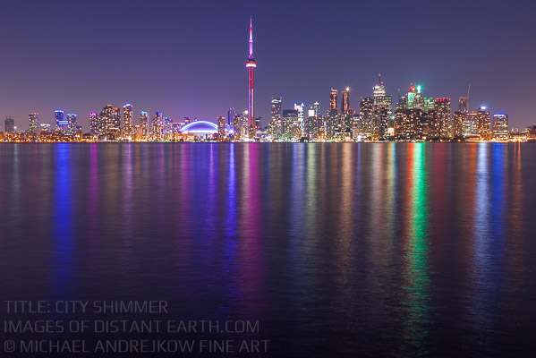 City Shimmer CN Tower Toronto Skyline Cityscape Blue Hour Color Reflections Lake Ontario Michael Andrejkow Luxury Fine Art Photography Collection Wall Artworks Prints For Sale