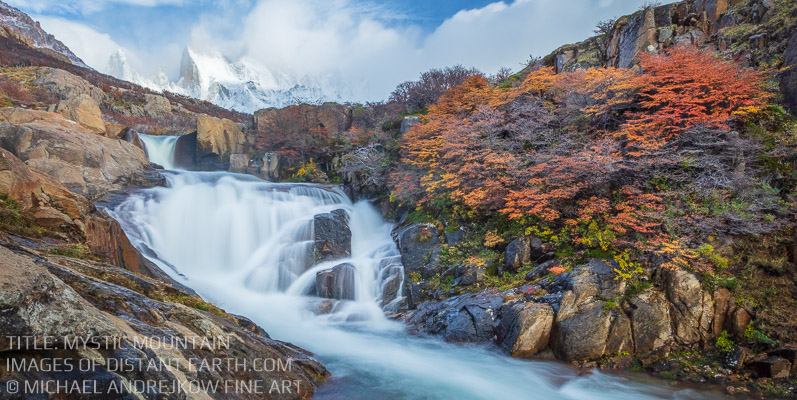 Mystic Mountain Autumn Fall Color Waterfall Cascade Fitz Roy Patagonia Michael Andrejkow Luxury Fine Art Photography Collection Wall Artworks Home Decor Interior Design Prints For Sale