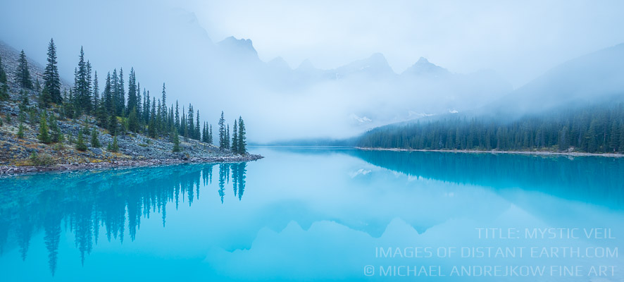 Mystic Veil Morning Fog Moraine Lake Panorama Banff Alberta Canada Michael Andrejkow Luxury Fine Art Photography Collection Panoramic Wall Artworks Prints For Sale Interior Design