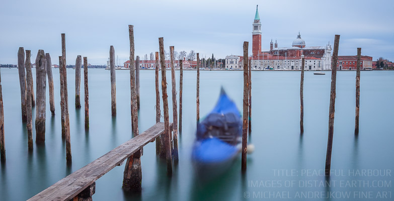 Peaceful Harbour Venice Italy Gondola Pier Dock Waterscape Cityscape Long Exposure Michael Andrejkow Luxury Fine Art Photography Collection Wall Artworks Home Decor Prints For Sale