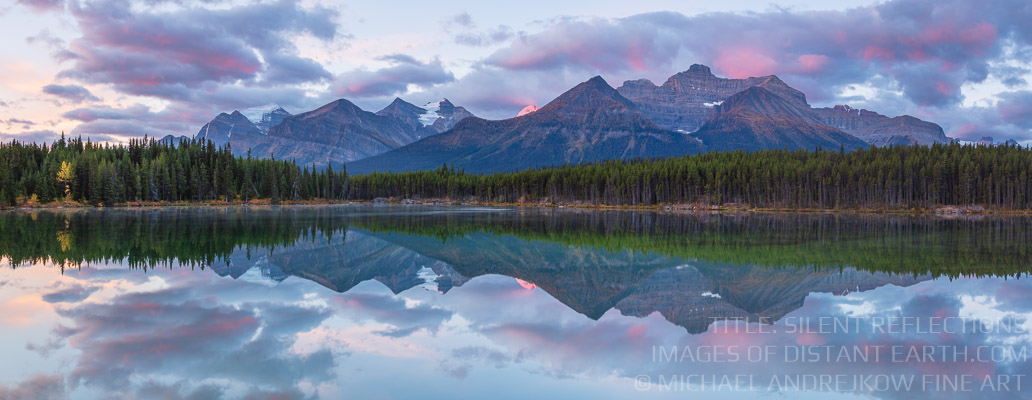 Silent Reflections Sunrise Panorama Banff National Park Canada Michael Andrejkow Luxury Fine Art Photography Collection Panoramic Wall Artworks Prints For Sale Home Decor