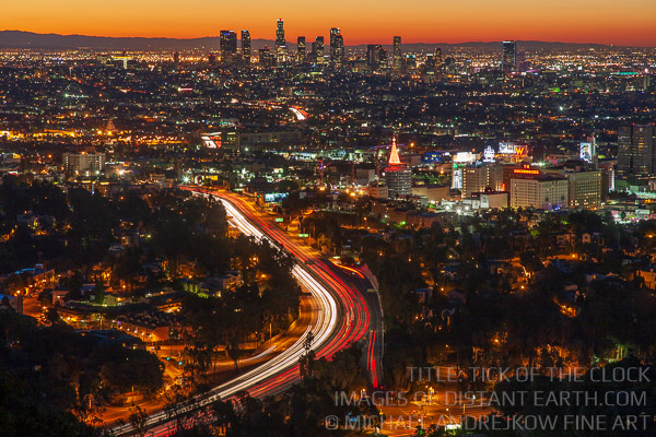 Tick of The Clock Los Angeles California Skyline Cityscape Orange Dawn Highway Traffic Light Trails Michael Andrejkow Luxury Fine Art Photography Collection Wall Artworks Prints For Sale