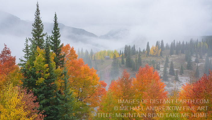 Aspen Colorado Fall Color Mountain Road Take Me Home Log Hut Cabin Fog Mist Autumn Yellow Orange Red Michael Andrejkow Luxury Fine Art Photography Collection Wall Artworks