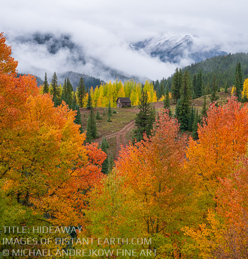 Hideaway Aspen Colorado Autumn Fall Colors Mountain Hut Log House Fog Mist Michael Andrejkow Luxury Fine Art Photography Collection Wall Artworks